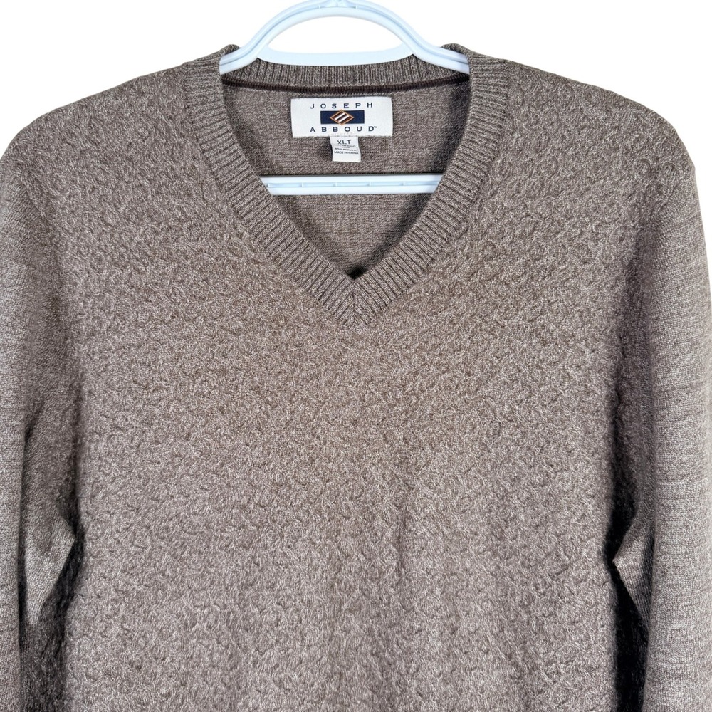 Joseph Abboud Textured V-Neck Sweater Mens XLT‎ Brown Merino Wool Blend Knit